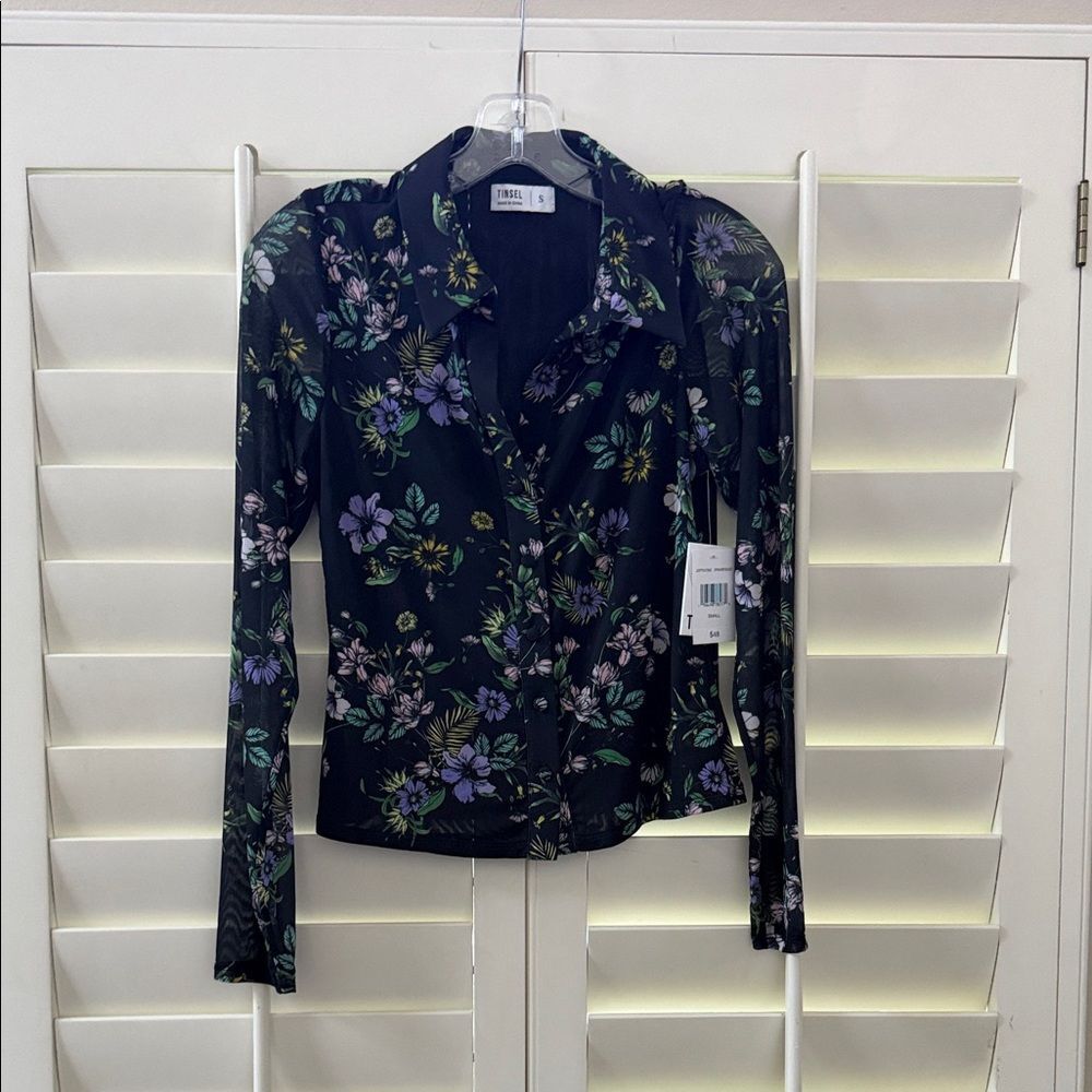 Tinsel Black and Purple Floral Button Down Shirt